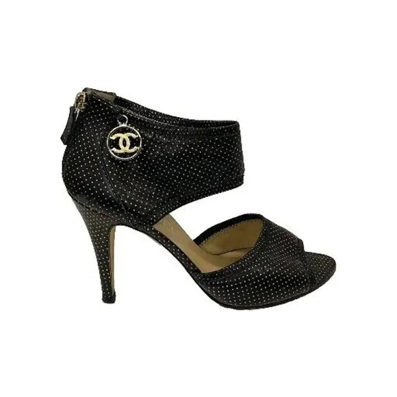 Chanel Womens G26450 Black Leather Metallic Polka Dot Peep Toe Sandals S… - Picture 1 of 14